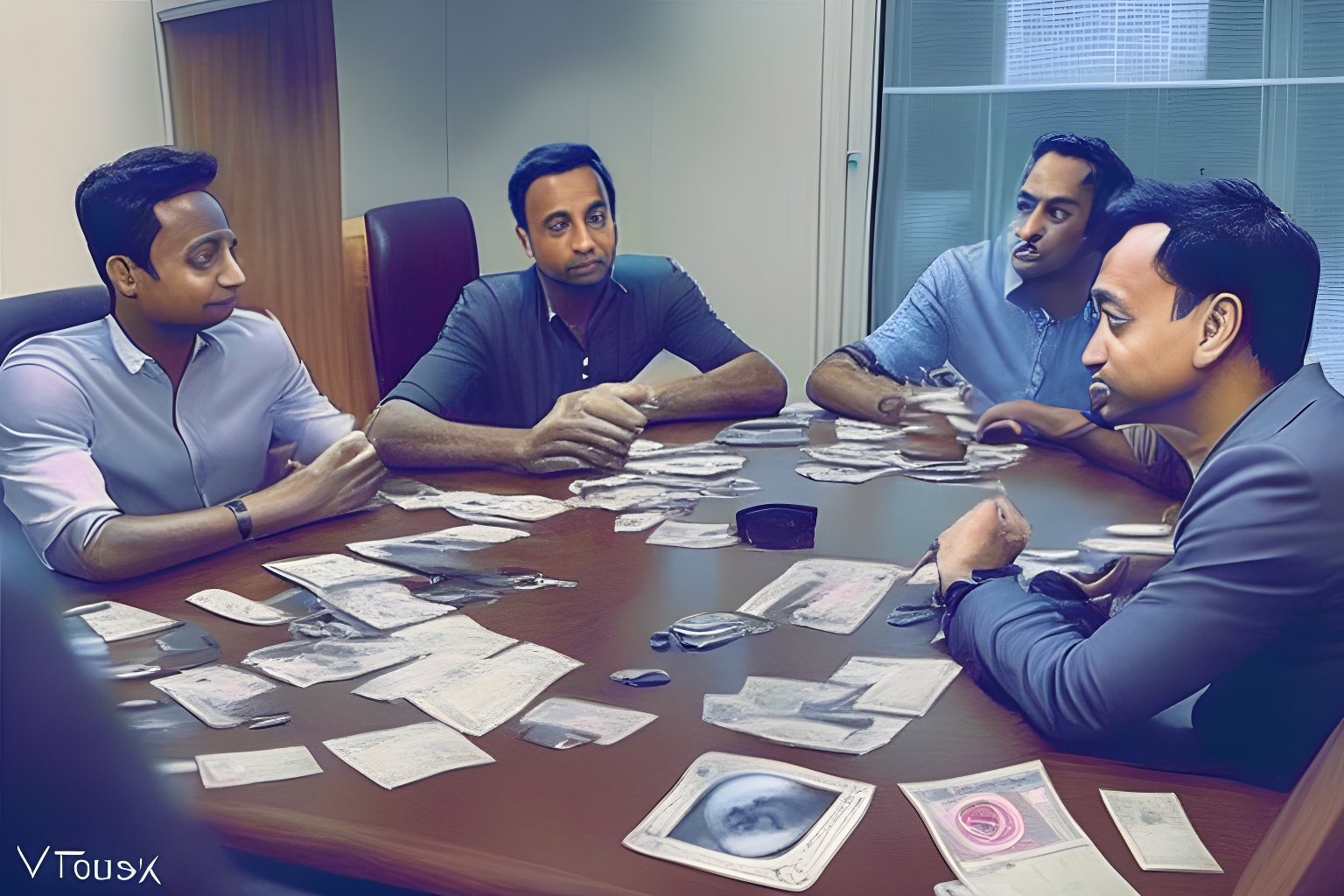 Former Twitter CEO Parag Agrawal, in a board room with current Twitter CEO Elon Musk, table stacked with cash