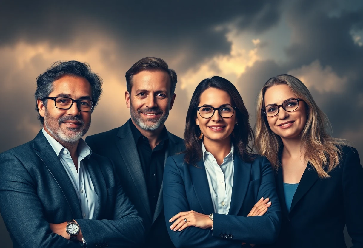 founders of companies, both male and female, a group, dramatic background