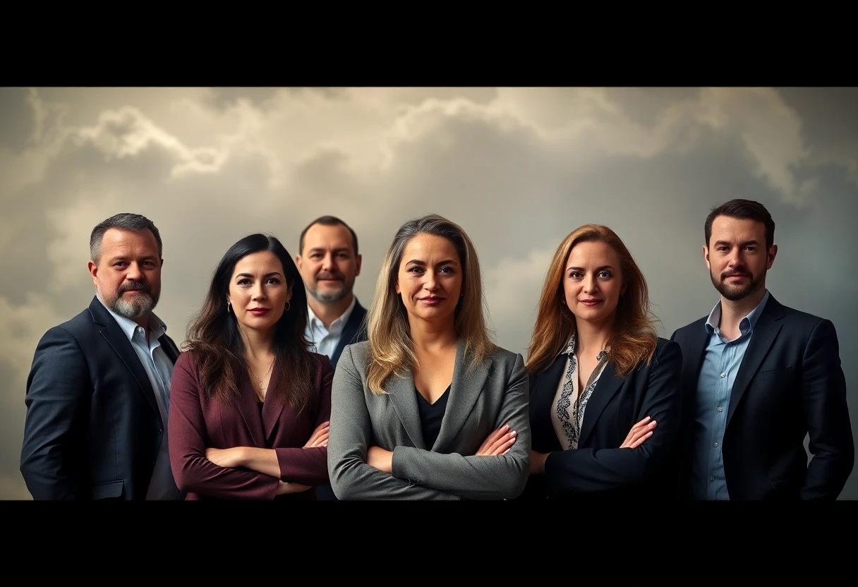 founders of companies, both male and female, a group of 10, dramatic background