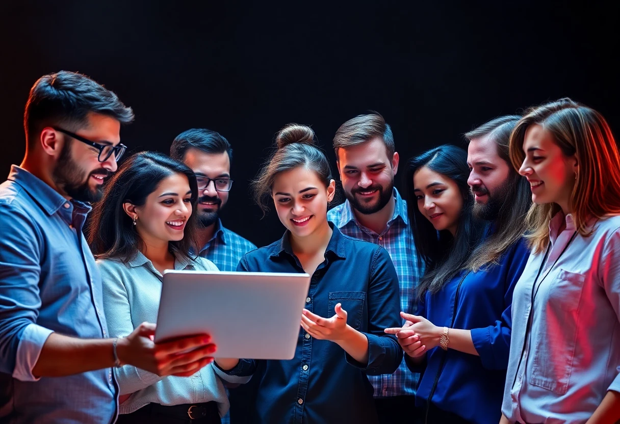 founders of companies, both male and female, a group of 10, dramatic background. don't look at the screen. interacting with each other