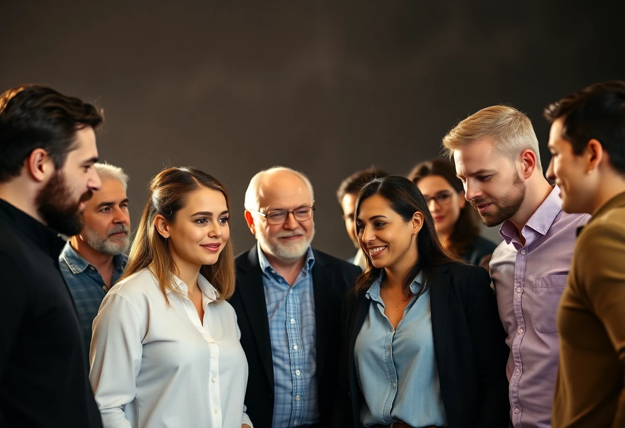 founders of companies, both male and female, a group of 10, dramatic background. don't look at the screen. interacting with each other