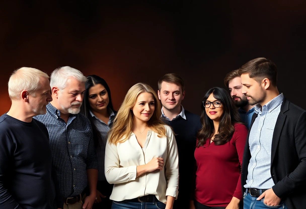 founders of companies, both male and female, a group of 10, dramatic background. don't look at the screen. interacting with each other