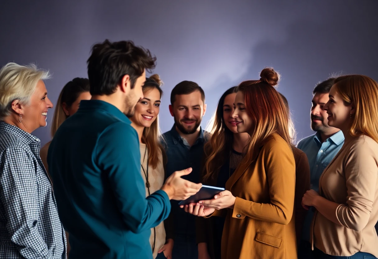 founders of companies, both male and female, a group of 10, dramatic background. don't look at the screen. interacting with each other