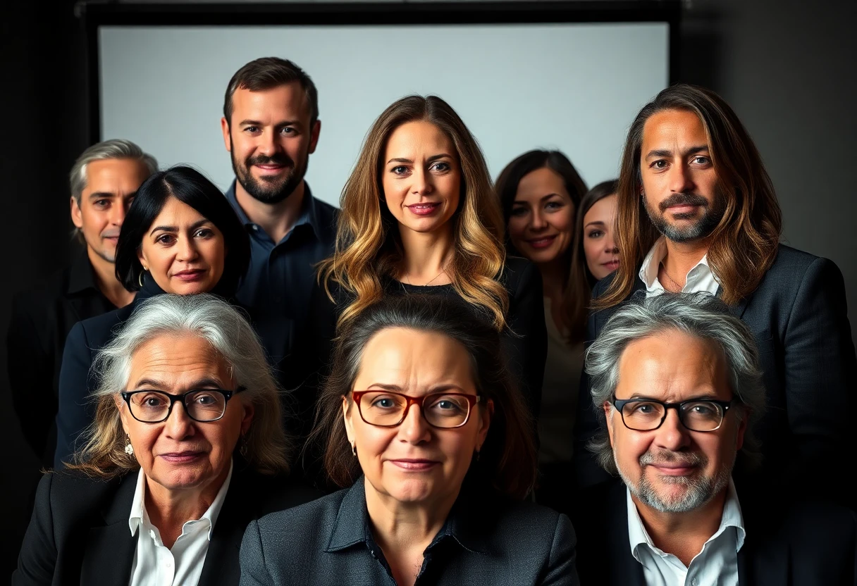founders of companies, both male and female, a group of 10, dramatic background