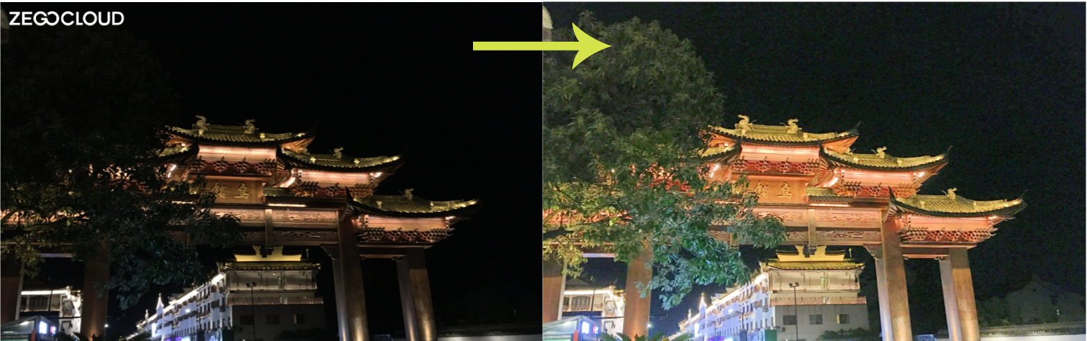 The Wuzhen decorated archway at night, before and after low-light enhancement