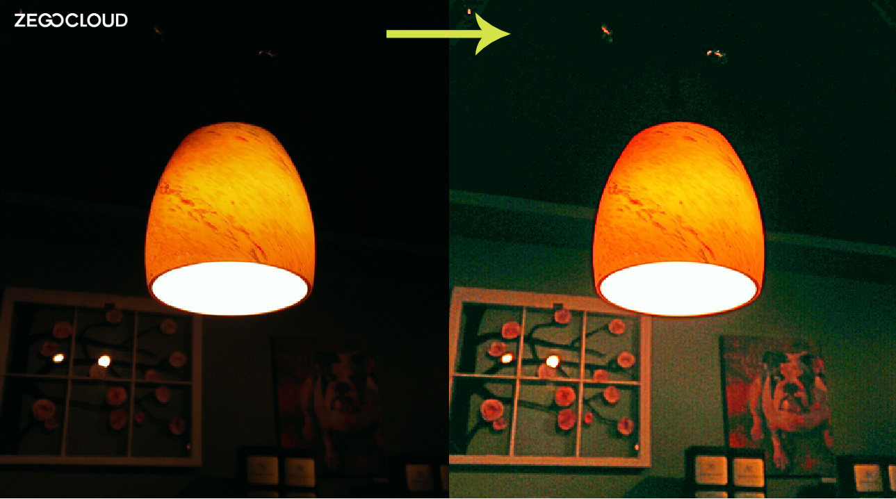 A bedroom wall and Lampton, before and after low-light enhancement