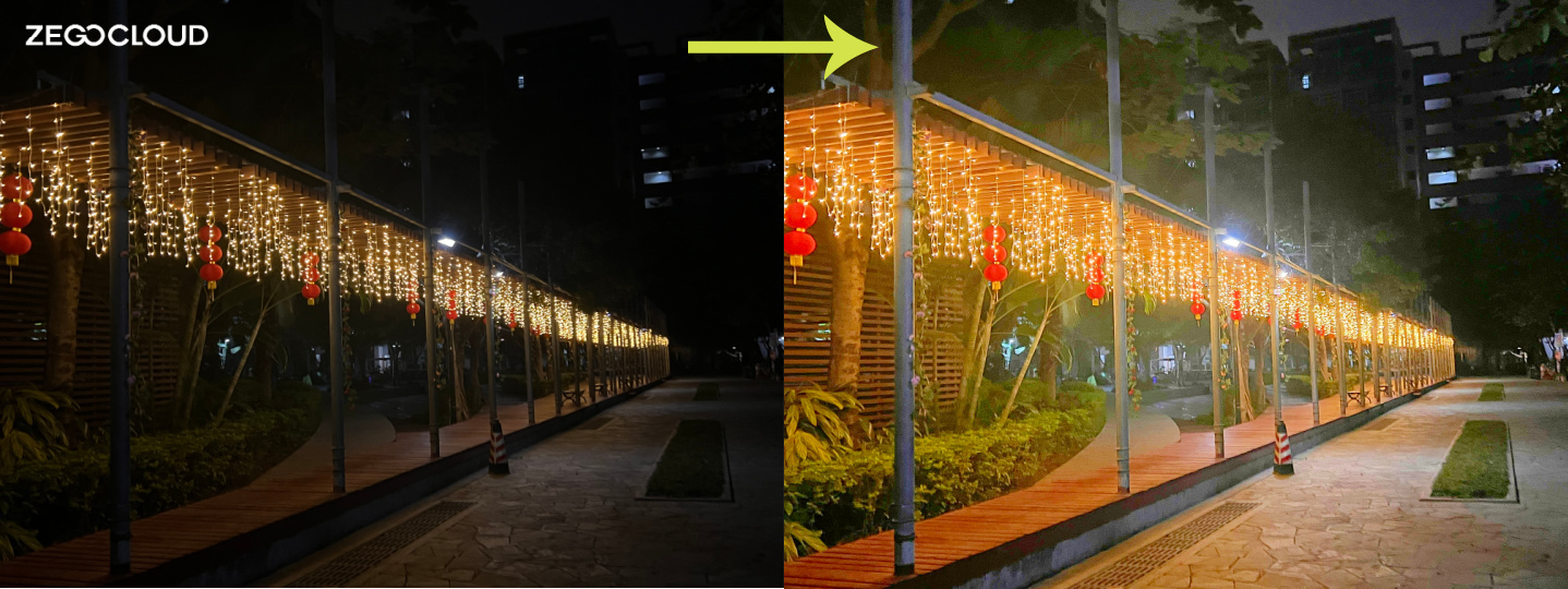 A community corridor at night, before and after low-light enhancement