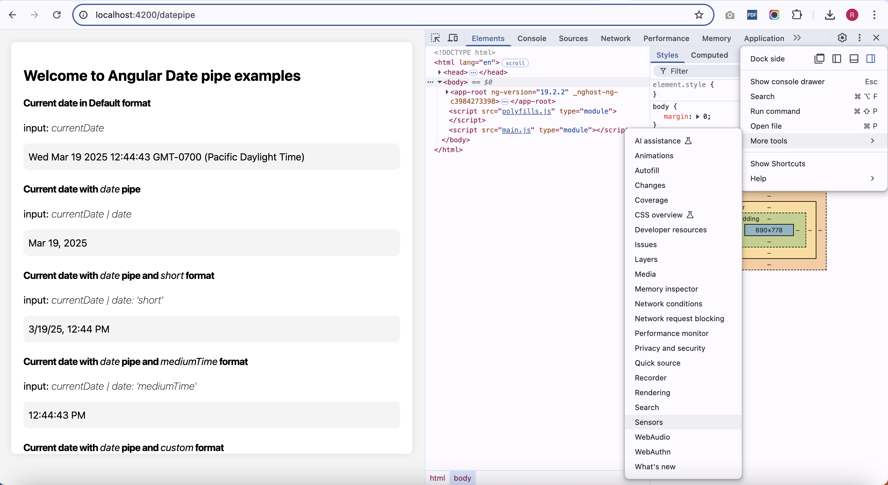 Sensors path in the developer tools