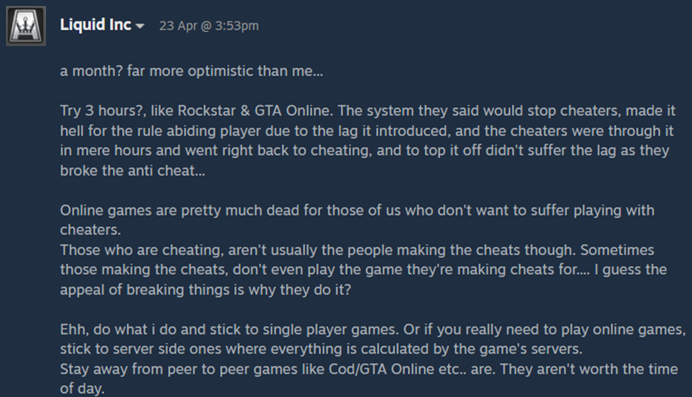 The image above shows the disappointment of a player on a Steam discussion board, and there are many like him who think it is hopeless.