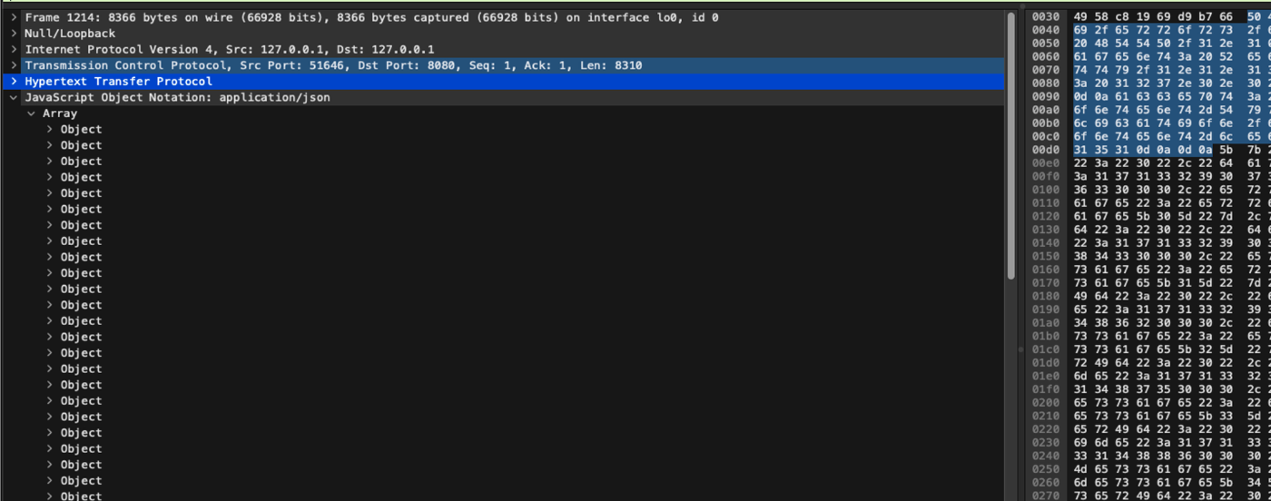 TCP Dump for application/json HTTP request. That illustrates that we need to collect all messages in single HTTP request 