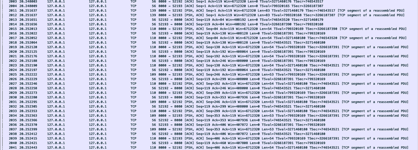 TCP Dump for application/x-ndjson HTTP request. That illustrates that we don't need to collect all messages in a single HTTP request and we could send them in  few smaller segments