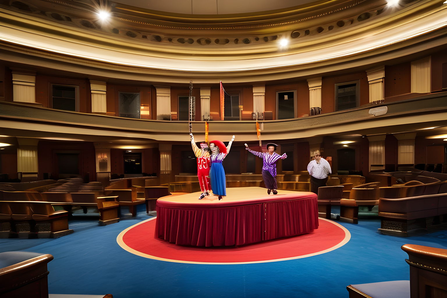 generate a professional photograph of circus acts celebrating in a court room