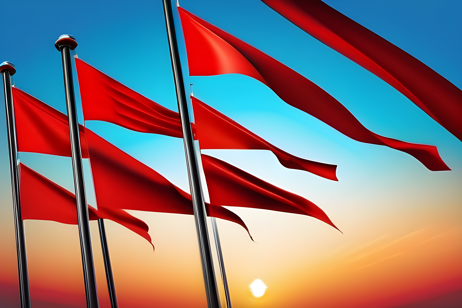 Generate a visually compelling image illustrating three prominent red flags. Each flag should be distinct and clearly convey a sense of warning or caution.