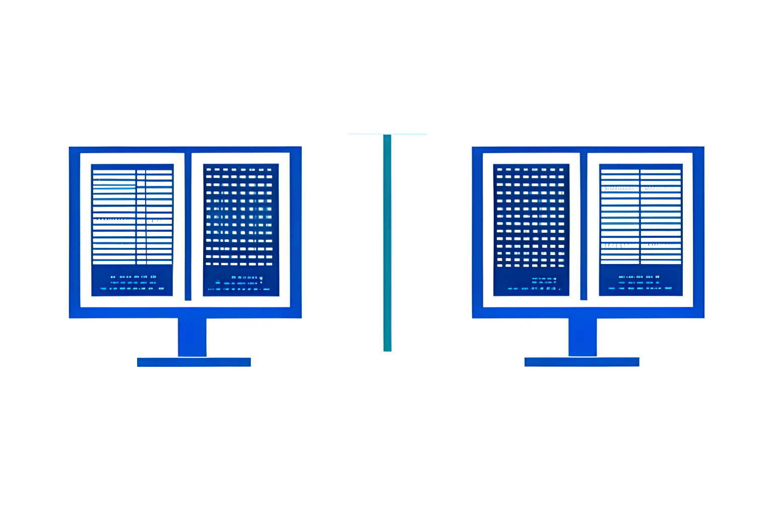 Generate an illustration of two computer systems side by side, with one system visually duplicating the information displayed on the screen of the other system. The duplication should be clear and detailed, highlighting the transfer of data or information between the two systems.