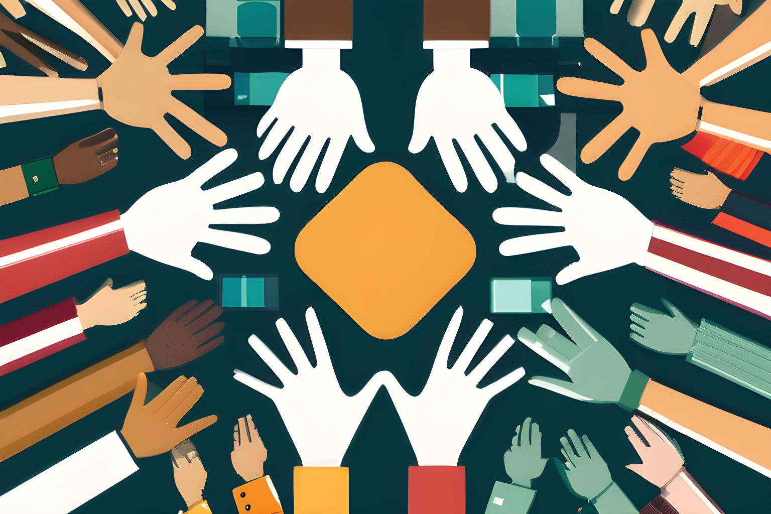Generate an illustration showing a single computer system with numerous hands reaching out to touch it. These hands should represent a diverse group of individuals.