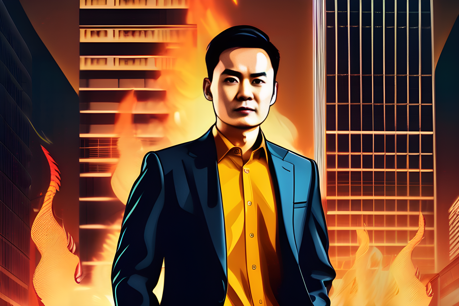 Generate an illustrative image of Changpeng Zhao (CZ), the CEO of Binance, standing confidently beside a burning building. Ensure that CZ's facial features and attire are accurately represented, and the burning building is depicted realistically with flames and smoke