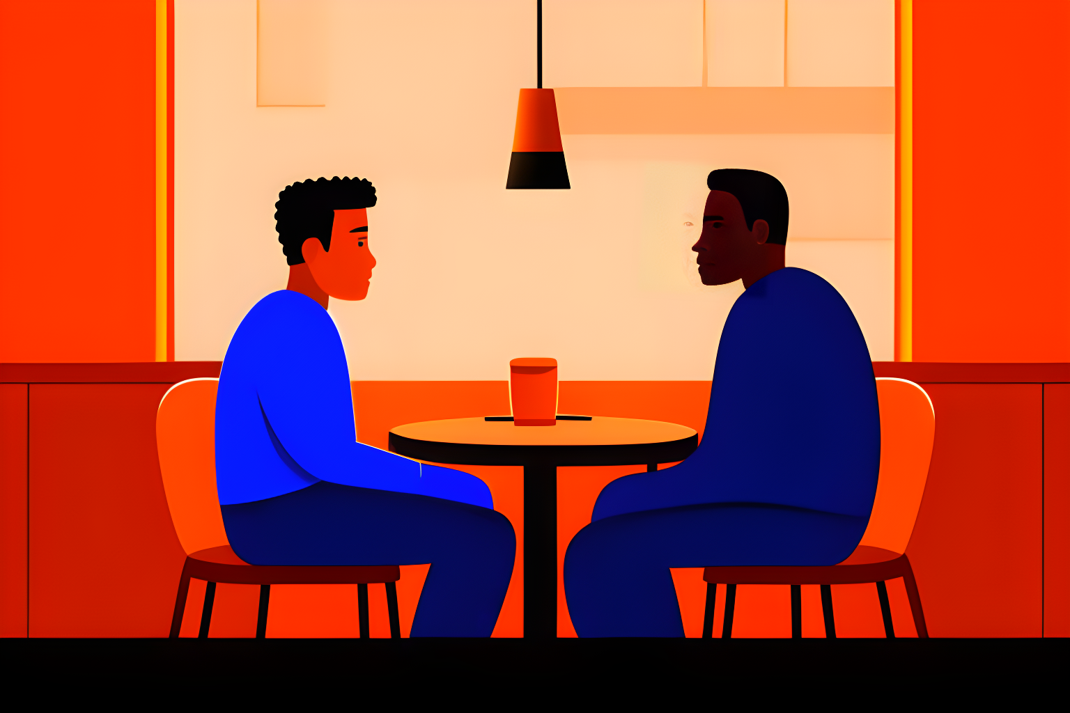 Generate an image depicting two individuals engaged in a conversation. One person should be standing, while the other is seated. The setting is a cozy coffee shop with warm lighting. The characters should exhibit friendly and animated body language, and there should be a visible coffee cup on the ta