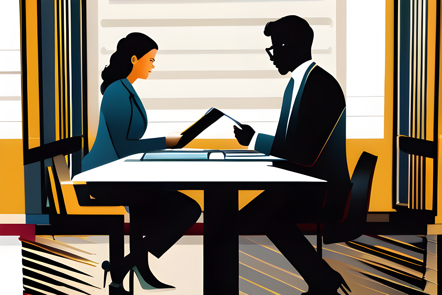 Generate an image featuring two (2) individuals in a professional setting, seated at a table with a document in front of them