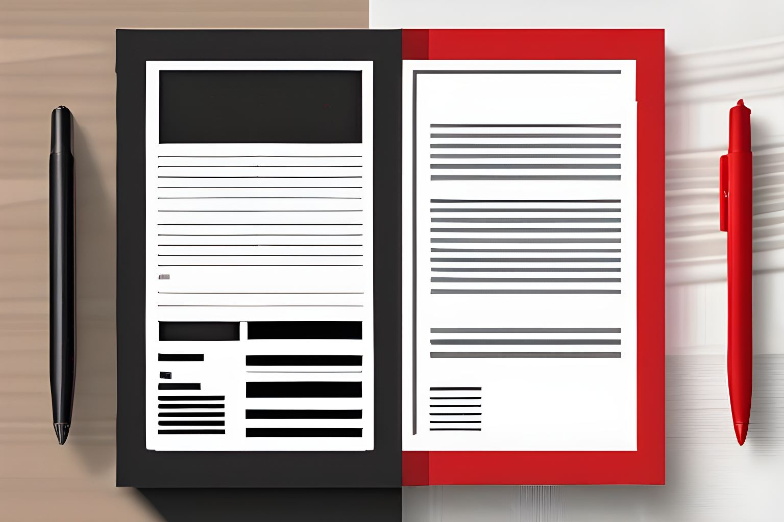 Generate an image featuring two documents side by side on a table. The first document should have black ink on white paper, and the second document should be an identical replica but with red ink on white paper.