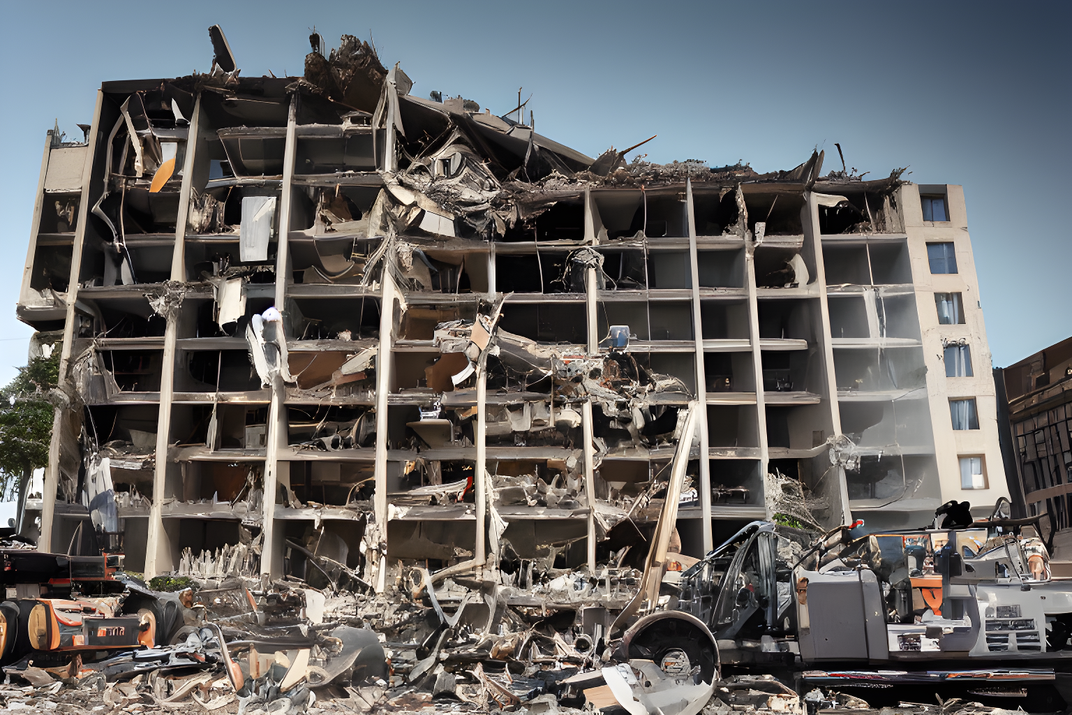 Generate an image of an arbitrary bank building being torn down by little men wearing t-shirts with cryptocurrencies on them.