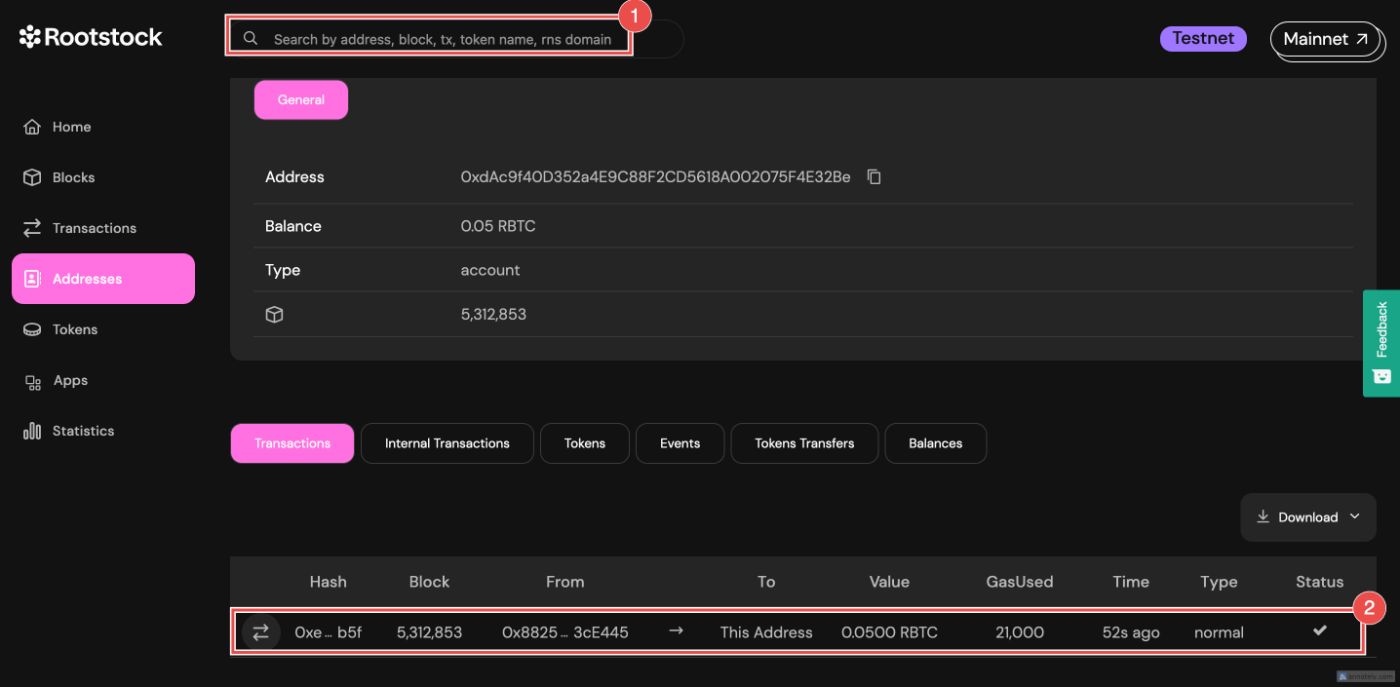 Rootstock testnet explorer