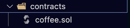 A file directory is shown with a folder named "contracts" and a file named "coffee.sol" inside the folder.