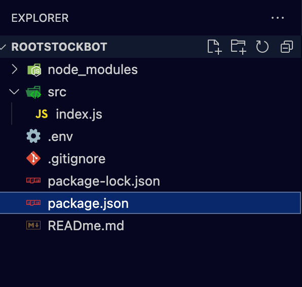 A file directory of a JavaScript project is displayed in a code editor. The project is named 