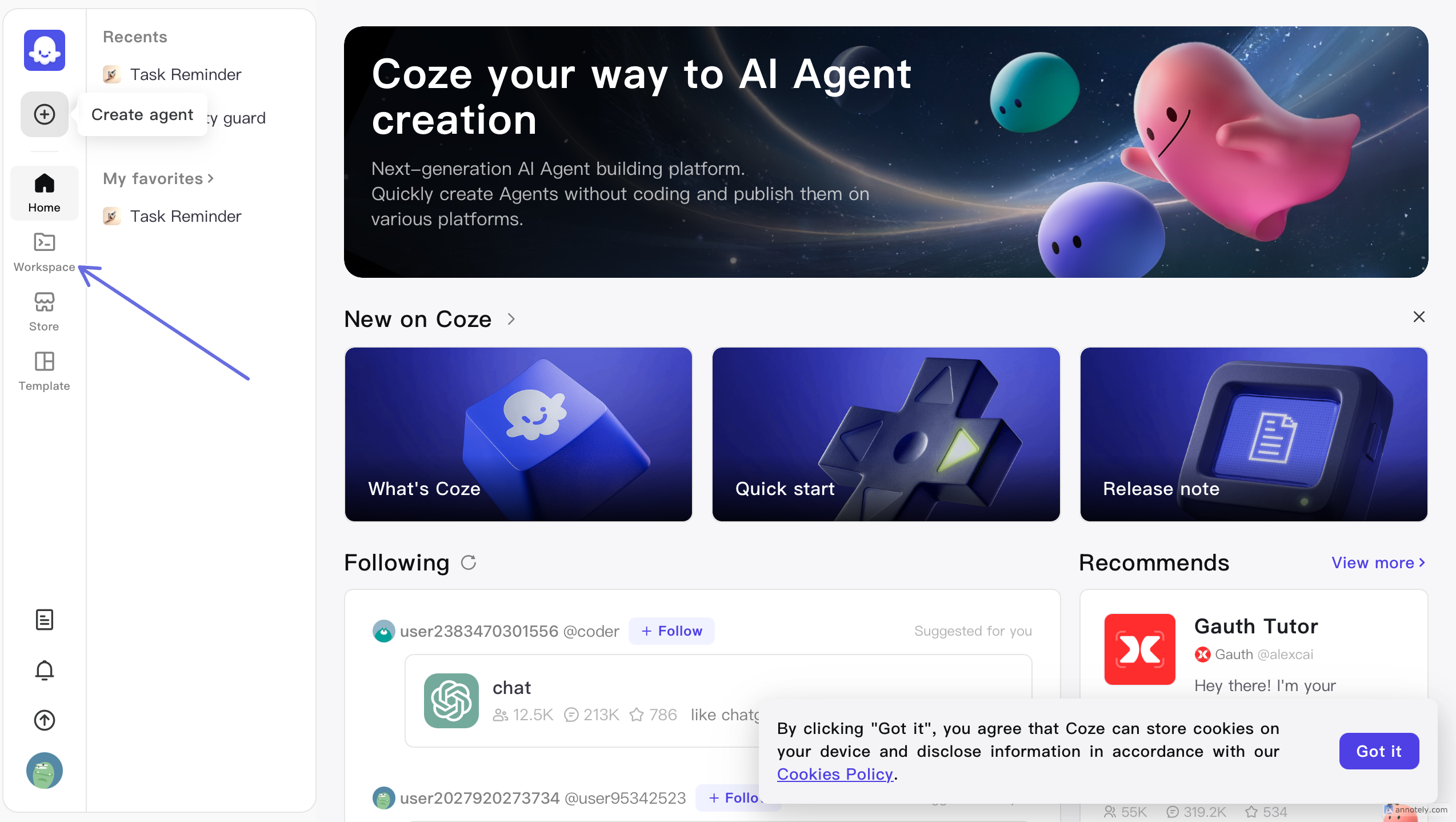 Screenshot of a platform for creating AI agents, with a navigation sidebar on the left and various sections like "New on Coze," "Following," and "Recommends" on the right. The banner promotes AI agent creation, featuring colourful floating characters. 