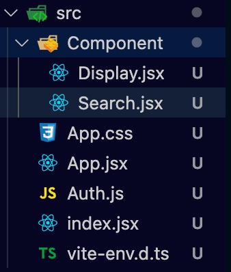 The component folder contains Display.jsx and Search.jsx files.