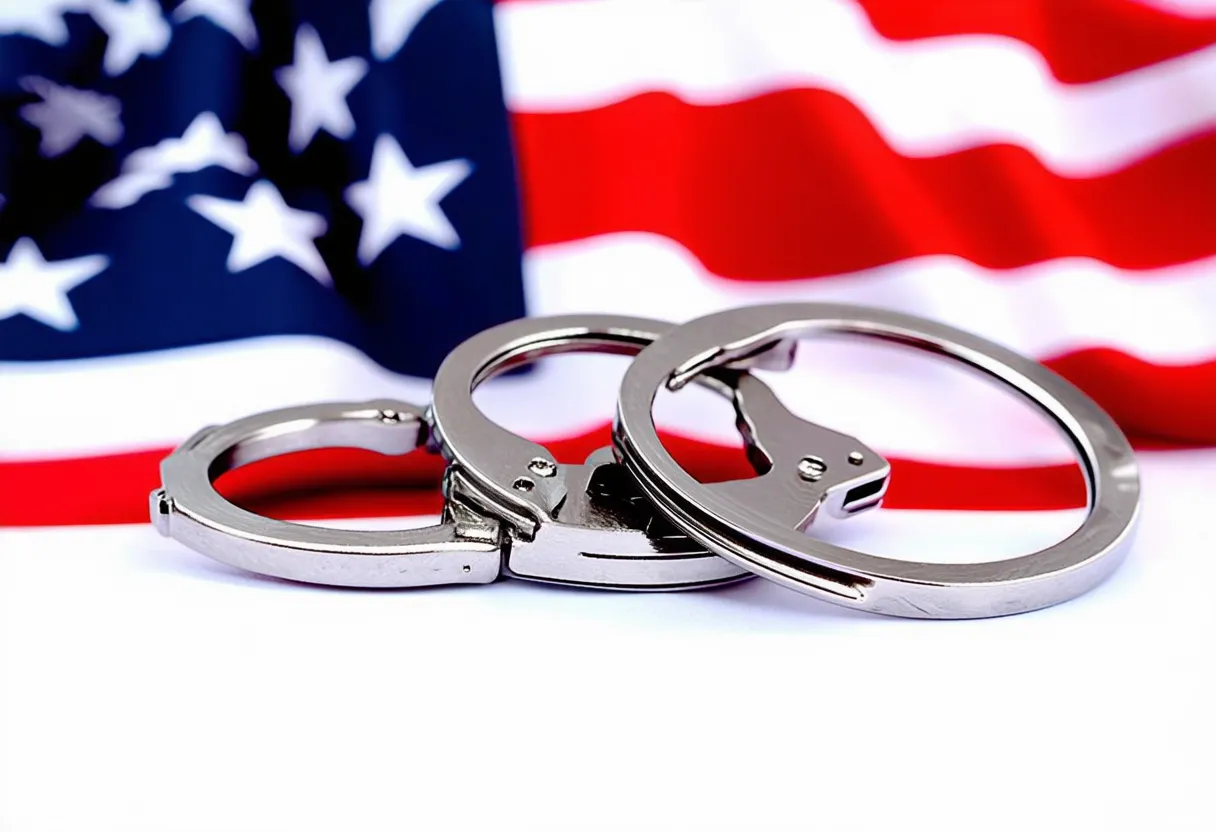 handcuffs in front of an american flag