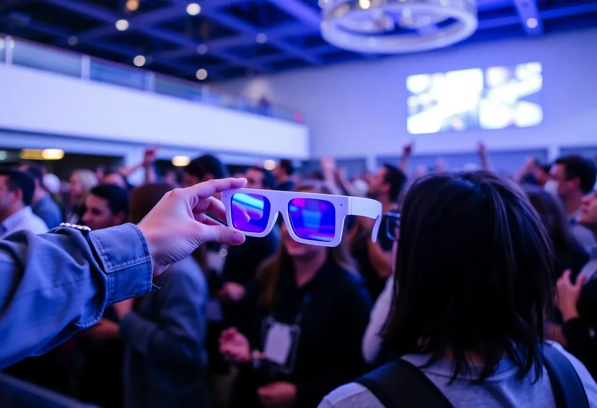 handing out 3d glasses to a crowd