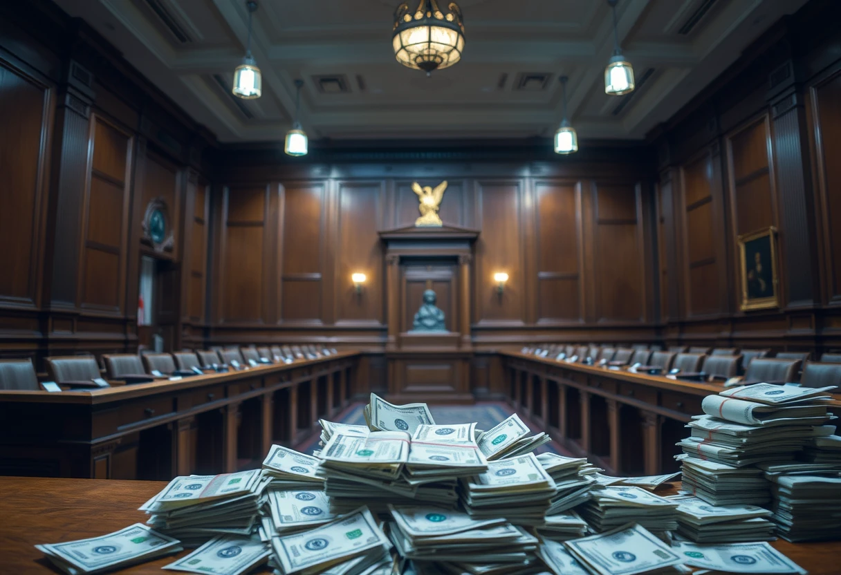 heaps of money in a court room