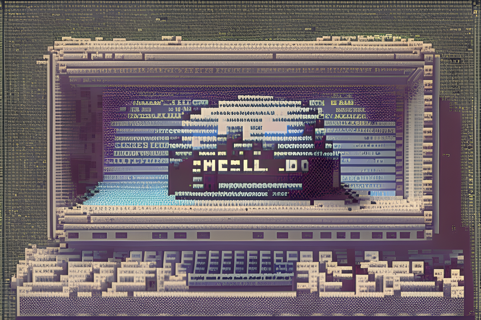 "Hello World" on the first computer ever made. pixelated. photographic. epic.