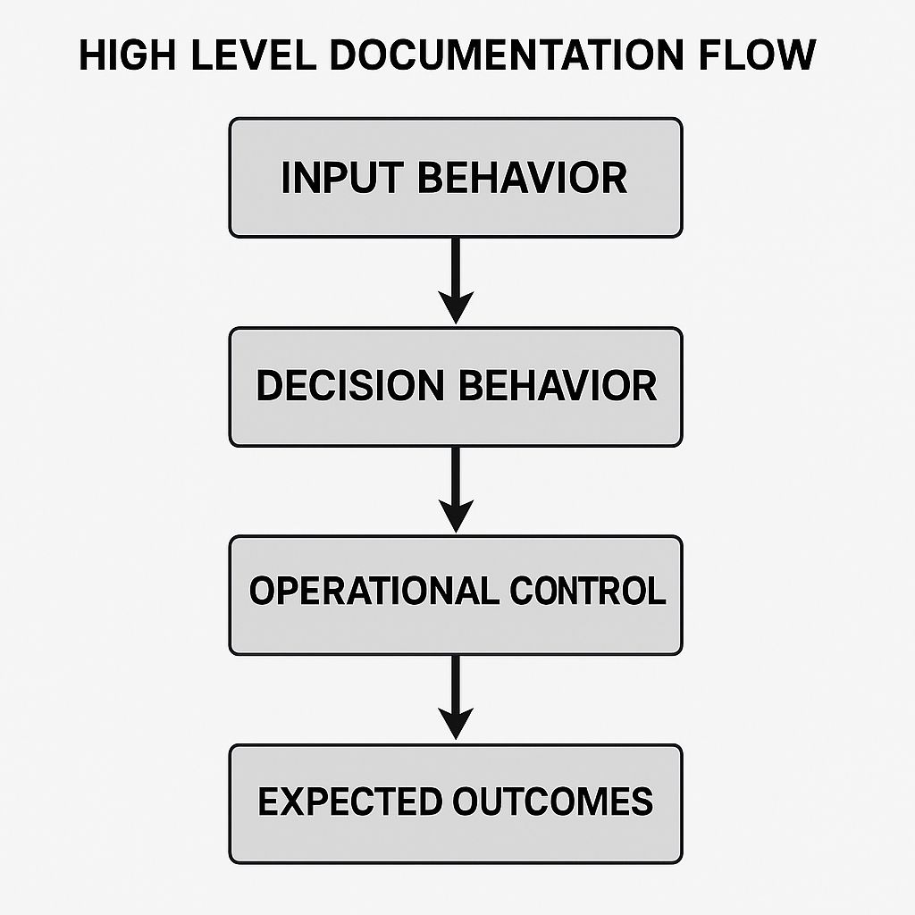 High level flow that shows how input behavior, decision behavior, and operational controls shape expected model outcomes.
