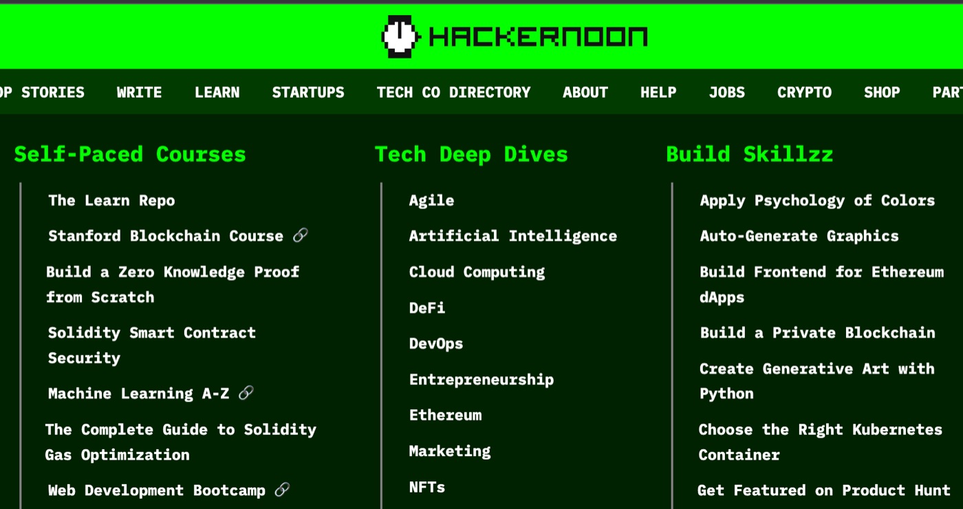 Check out the Learn tab on the HackerNoon Top Green Nav
