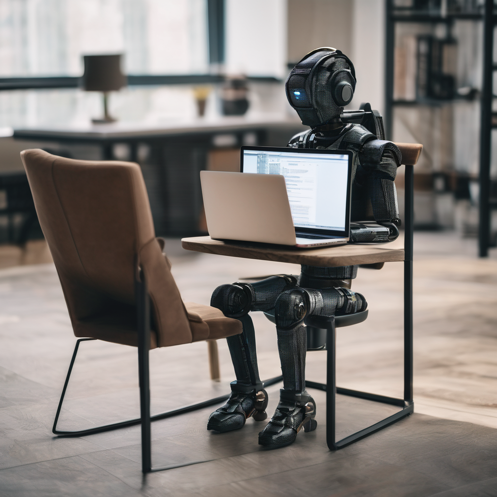 Humanoid sitting on a chair infront of laptop