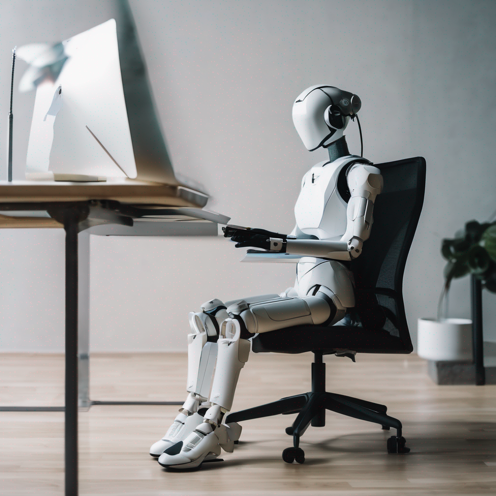 Humanoid sitting on a chair infront of laptop
