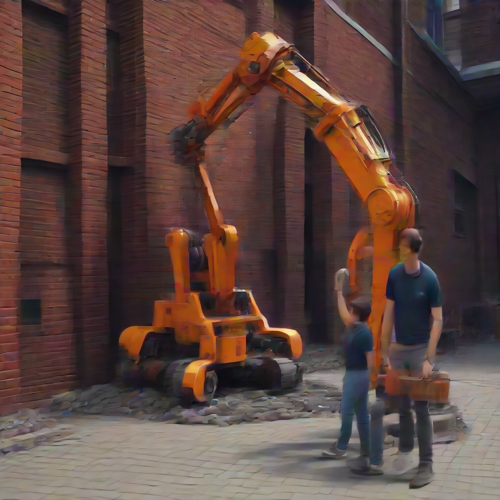 humans and robots building a building brick by brick
