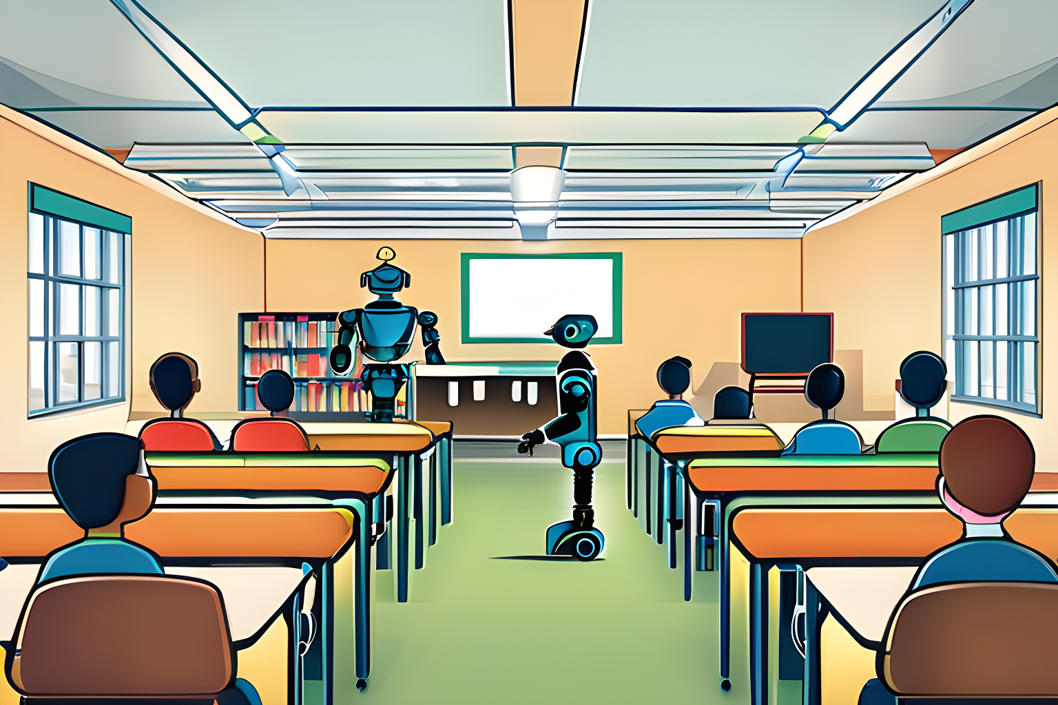 humans and robots in a classroom