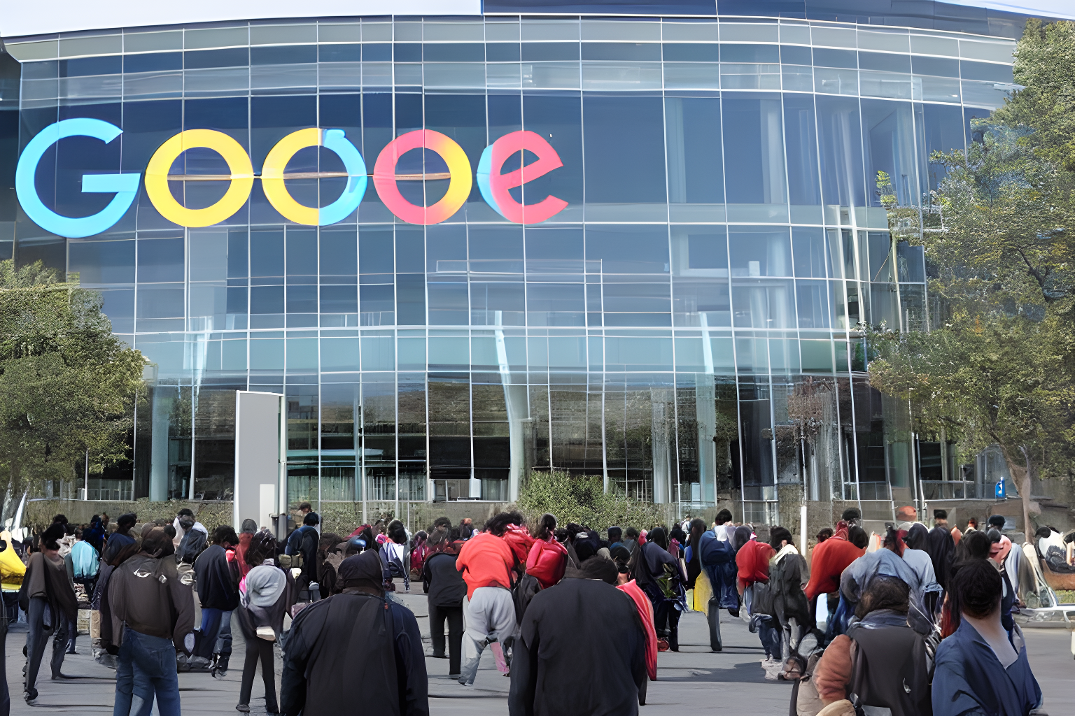 hundreds of workers walking out of Google skyscraper