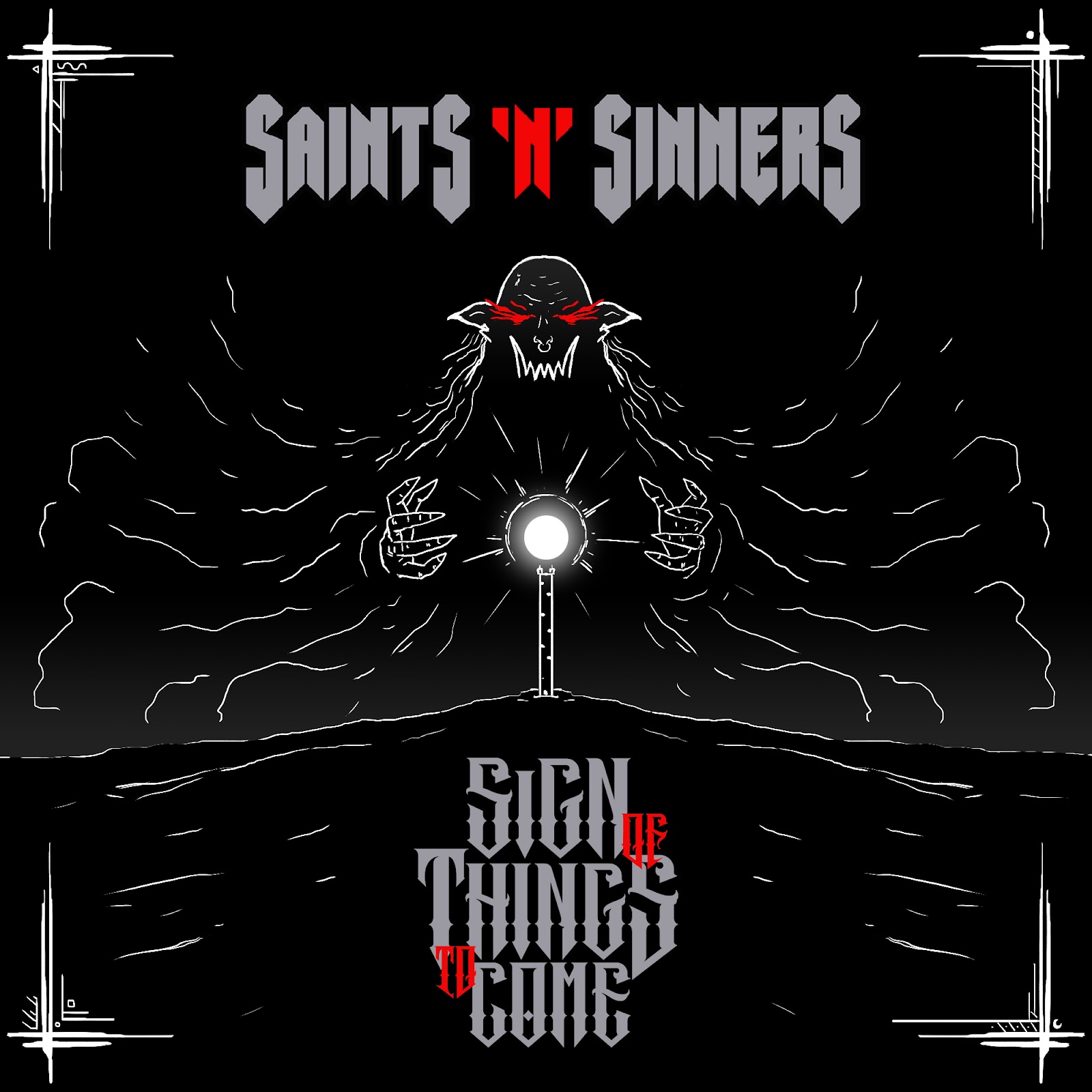 Single cover for Saints 'N' Sinners' Sign of Things to Come. Illustrated by kertburger.