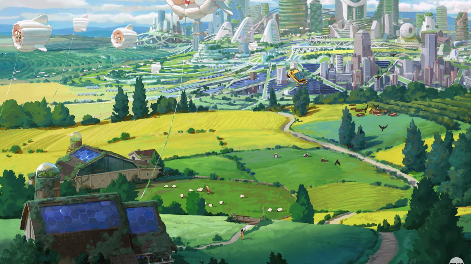 A still from the Chobani anime commercial Dear Alice by The Line; featuring a solarpunk future and a score from a Ghibli composer. Available at https://www.youtube.com/watch?v=z-Ng5ZvrDm4.  