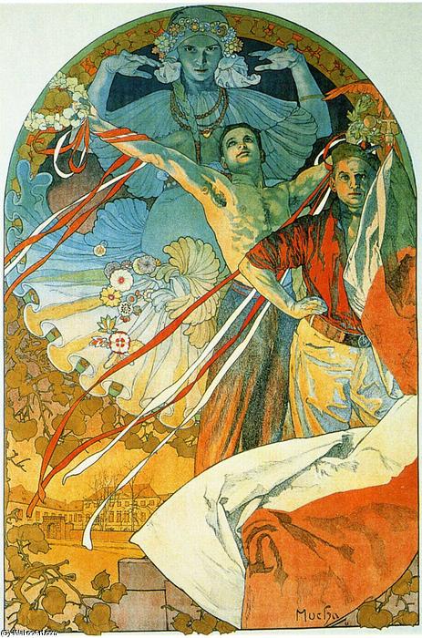 Poster for the 8th Sokol Festival by Alfons Mucha, one of the key originators of the Art Nouveau movement. Available at https://wikioo.org/.