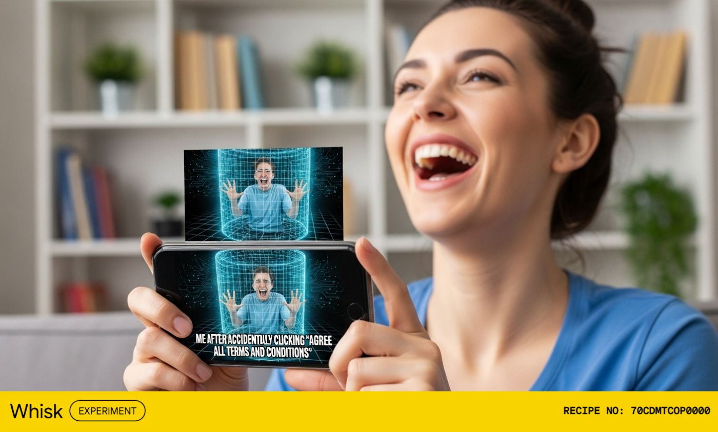 Woman laugh at a meme of someone else trapped in a digital cage