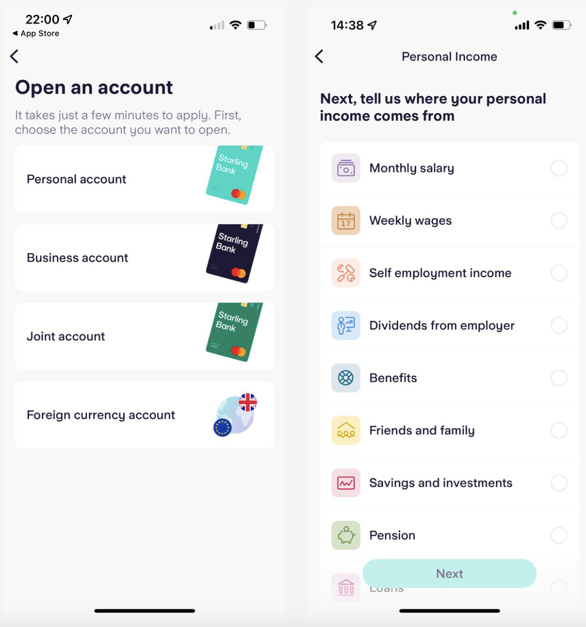 Starling Bank makes use of colored icons in every list in their app