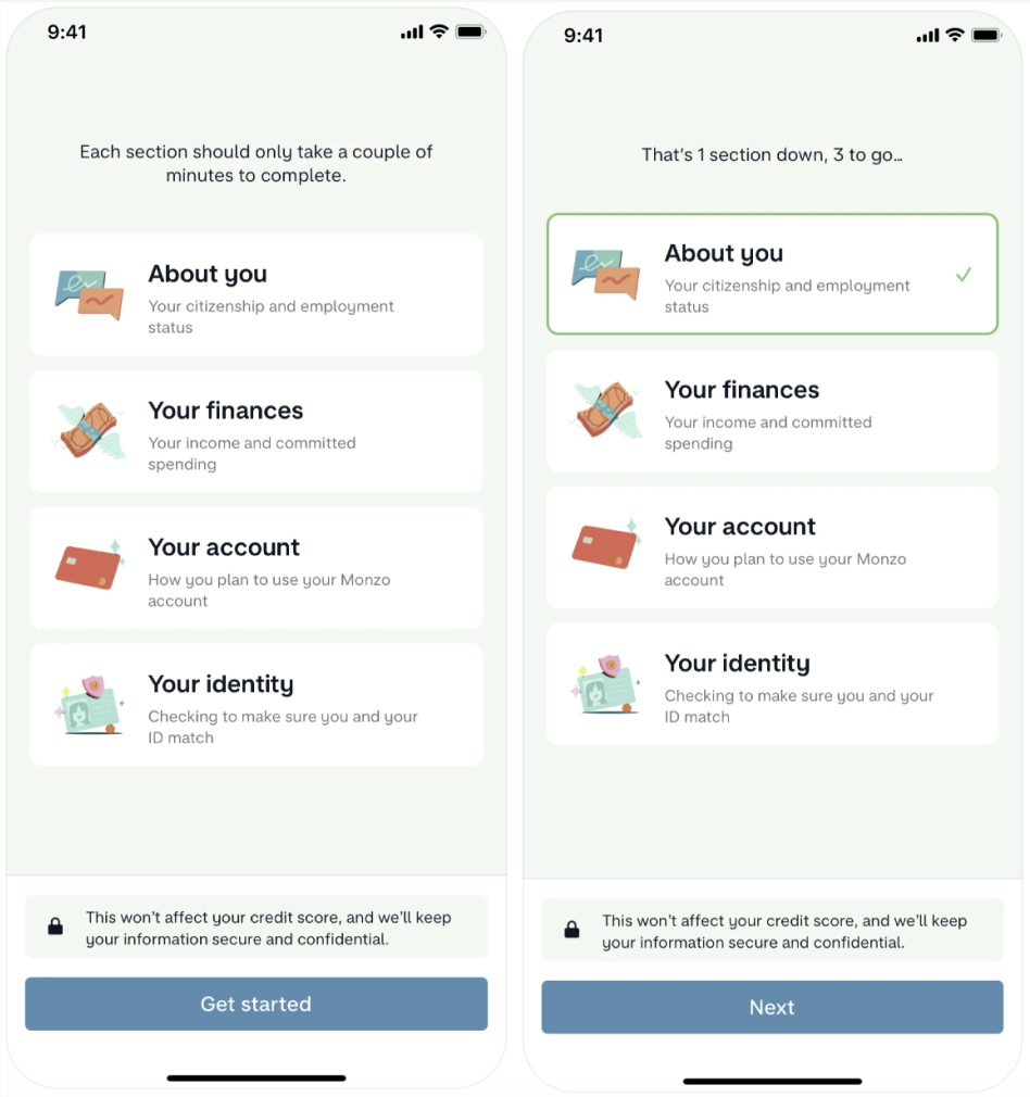 Monzo KYC flow divided