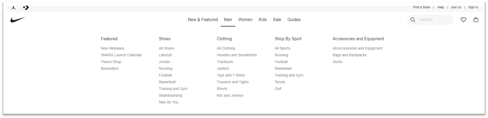 Nike.com product category structure in PLP