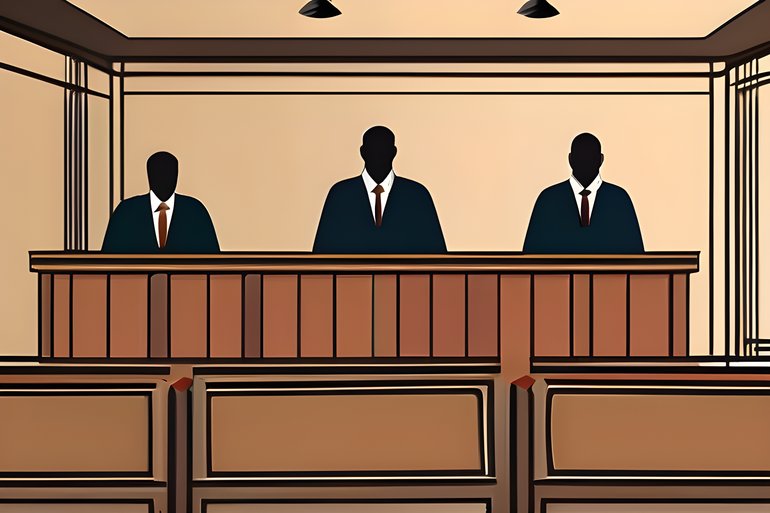 Illustrate 5 Faceless Men in a court room.