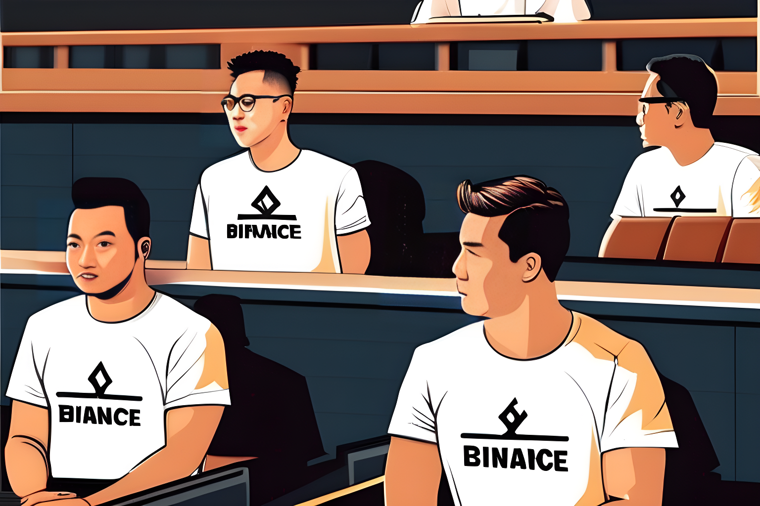 Illustrate 5 men in binance t shirts on the defendants' side of an American courtroom