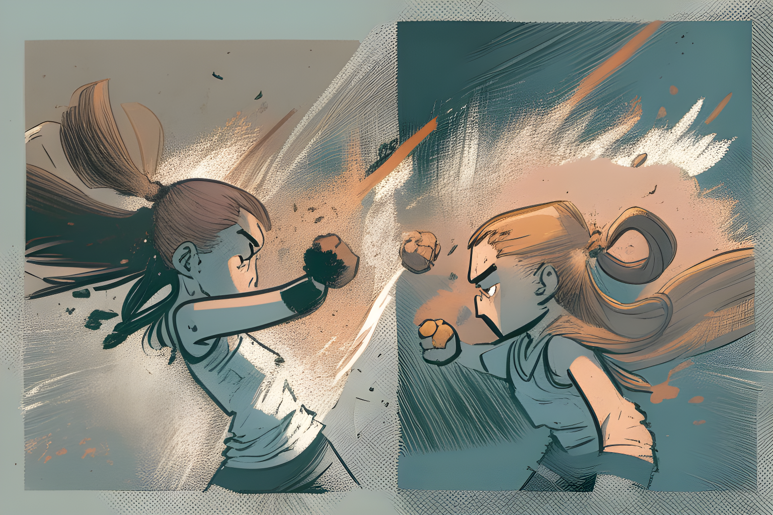 Illustrate a before and after panels of two siblings fighting and then making up.